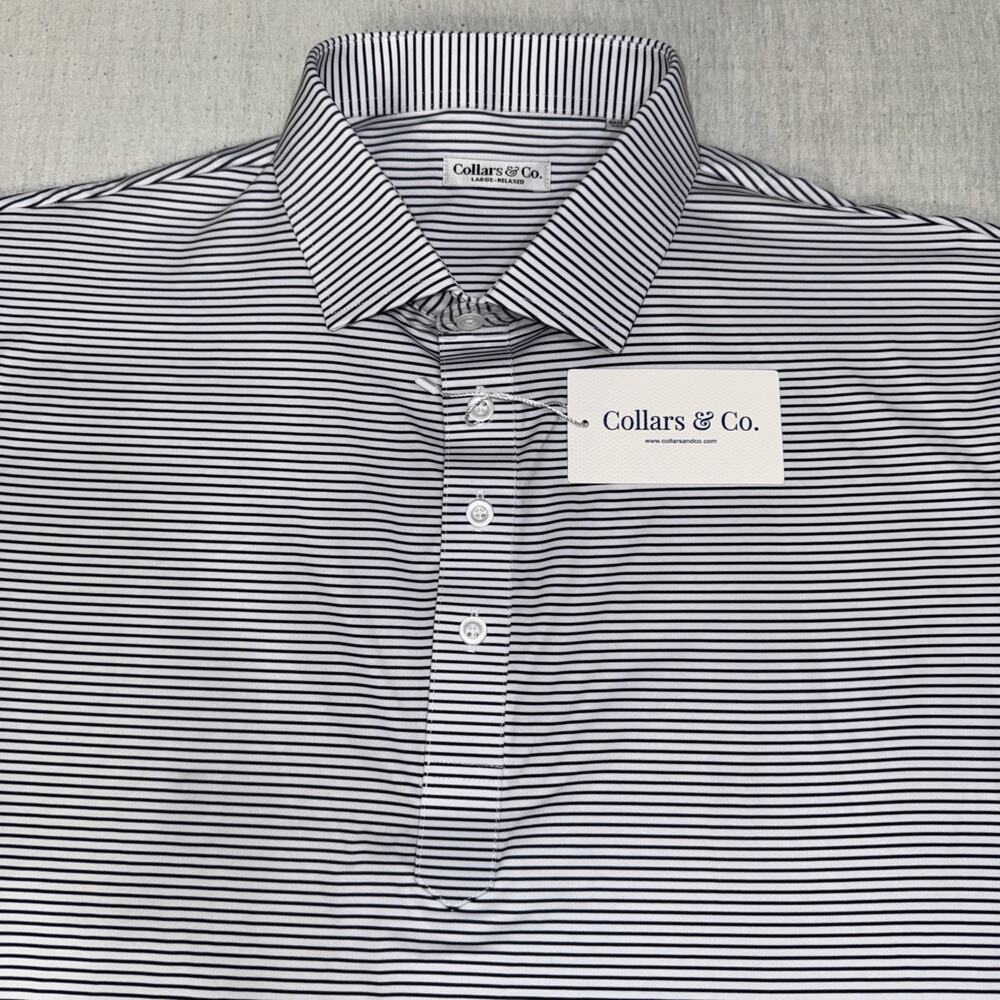 Collars & Co Golf Polo Classic Apollo Black Stripe AOP Sz Large Relaxed NWT